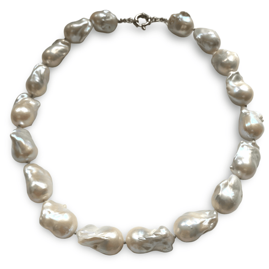Baroque Pearl Chunky Necklace showcasing unique white freshwater pearls handcrafted on grey silk.