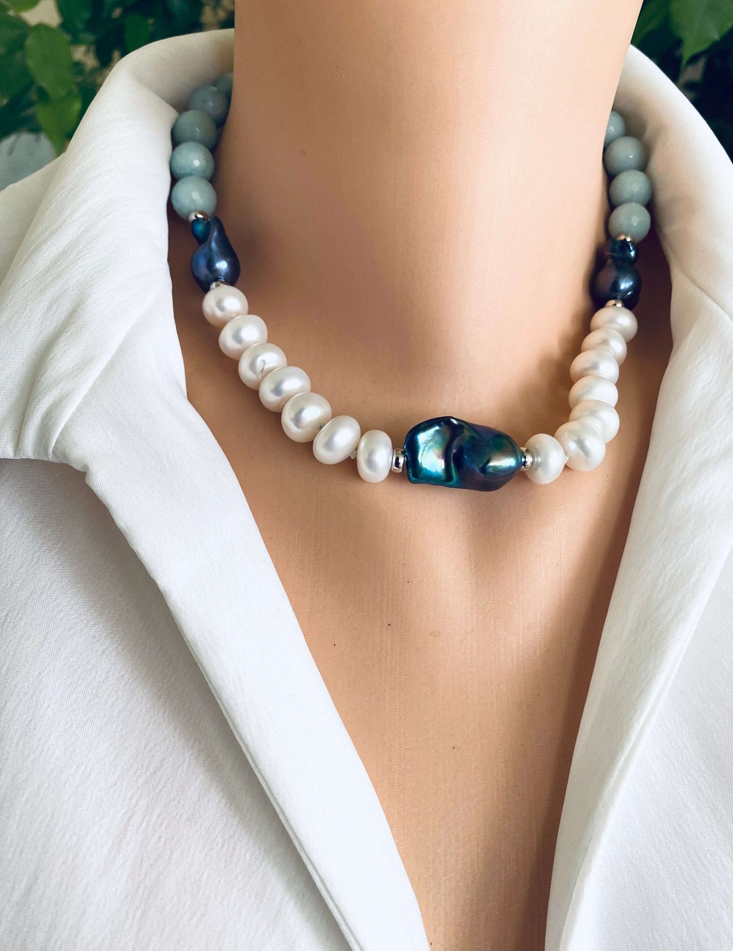 Amazonite pearl necklace featuring baroque and coin pearls, combining vibrant gemstones and elegant pearls.