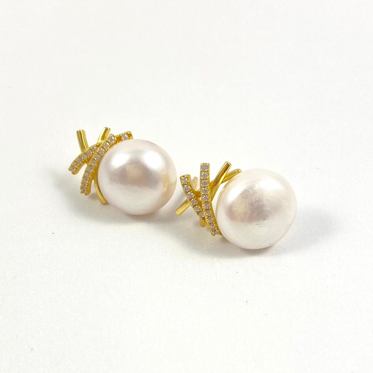 freshwater white button pearl stud earrings in gold vermeil