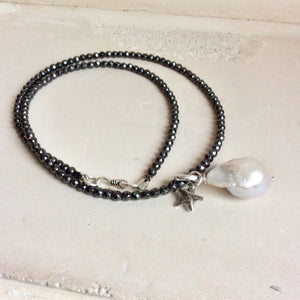 Baroque Pearl Pendant w Tiny Star Charm Floating on Hematite Beads Necklace, Sterling Silver