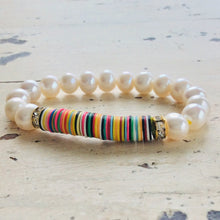 Load image into Gallery viewer, Boho Style African Vinyl &amp; Pearls Stretch Bracelet at $65

