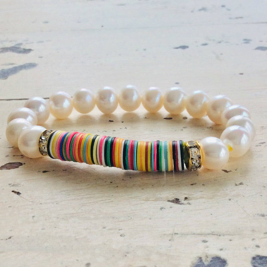 Boho Style African Vinyl & Pearls Stretch Bracelet at $65