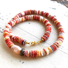 Load image into Gallery viewer, Multi Pectin Shell Heishi Beads Necklace w a Single Pearl &amp; Diamond Pave Details, 18&quot;in
