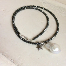 Load image into Gallery viewer, Baroque Pearl Pendant w Tiny Star Charm Floating on Hematite Beads Necklace, Sterling Silver
