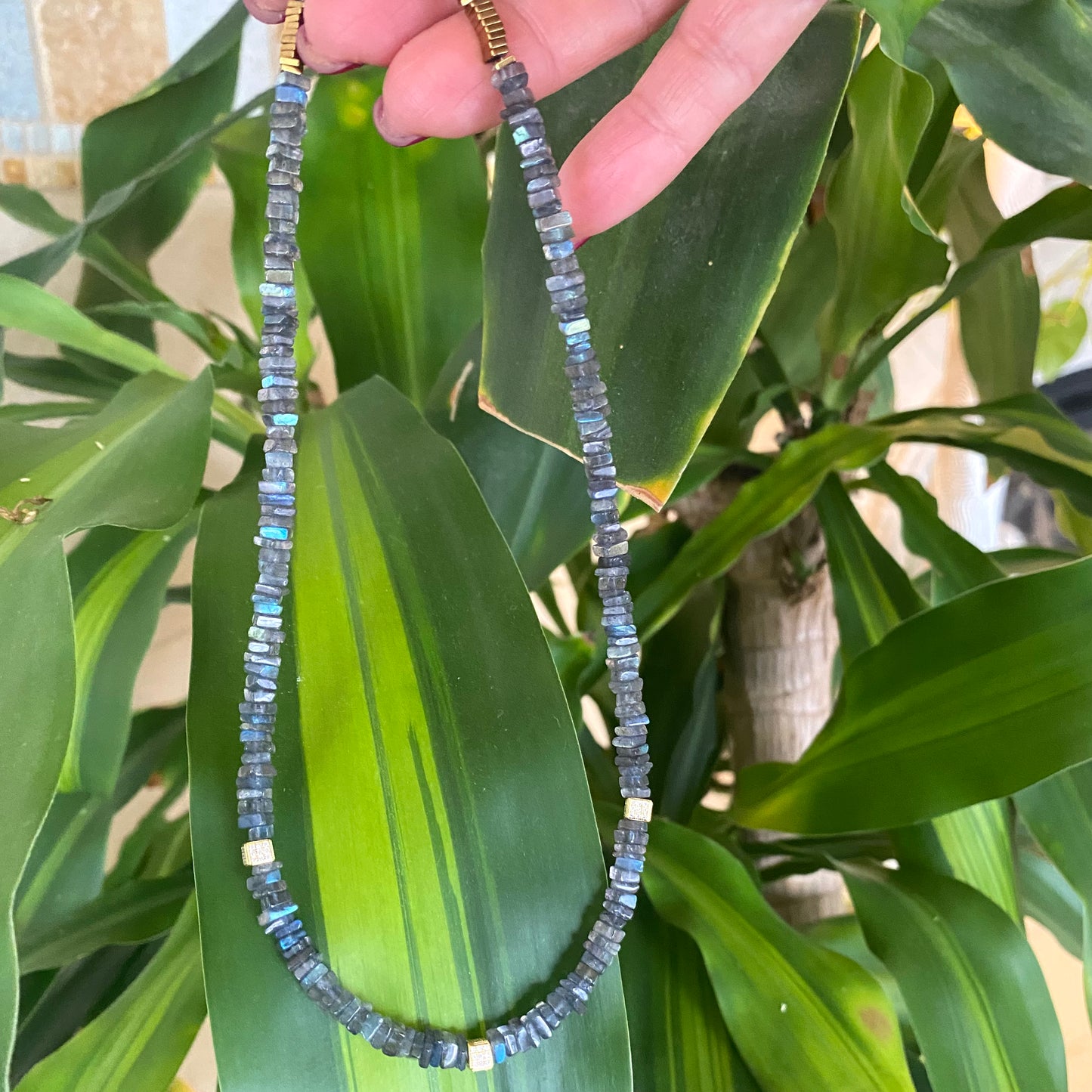 SQUARE HEISHI LABRADORITE BEADS NECKLACE