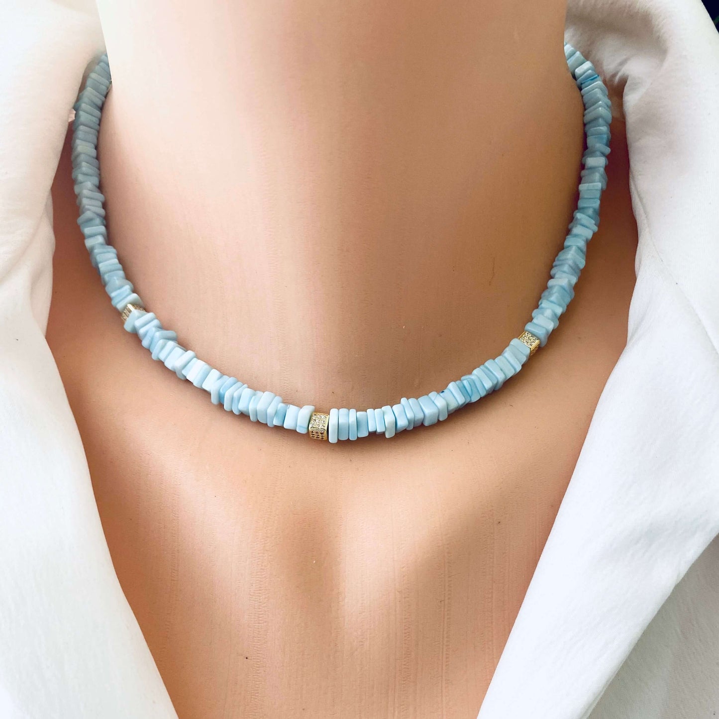 Blue opal choker necklace featuring heishi square sky blue opal beads for modern elegance and color.
