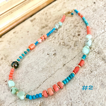 Lade das Bild in den Galerie-Viewer, Turquoise, Chrysoprase, Pink Orange Red Coral and Tahitian Pearl Summer Necklace, Gold Filled, 15-16&quot;in
