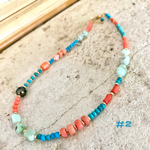 Turquoise, Chrysoprase, Pink Orange Red Coral and Tahitian Pearl Summer Necklace, Gold Filled, 15-16"in