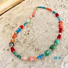Lade das Bild in den Galerie-Viewer, Turquoise, Chrysoprase, Pink Orange Red Coral and Tahitian Pearl Summer Necklace, Gold Filled, 15-16&quot;in
