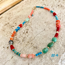 Load image into Gallery viewer, Turquoise, Chrysoprase, Pink Orange Red Coral and Tahitian Pearl Summer Necklace, Gold Filled, 15-16&quot;in
