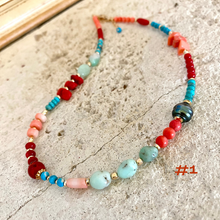 Lade das Bild in den Galerie-Viewer, Turquoise, Chrysoprase, Pink Orange Red Coral and Tahitian Pearl Summer Necklace, Gold Filled, 15-16&quot;in
