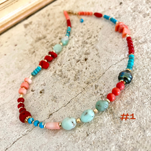 Load image into Gallery viewer, Turquoise, Chrysoprase, Pink Orange Red Coral and Tahitian Pearl Summer Necklace, Gold Filled, 15-16&quot;in
