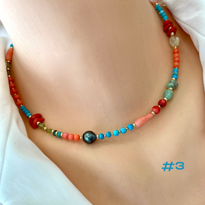 Turquoise, Chrysoprase, Pink Orange Red Coral and Tahitian Pearl Summer Necklace, Gold Filled, 15-16"in