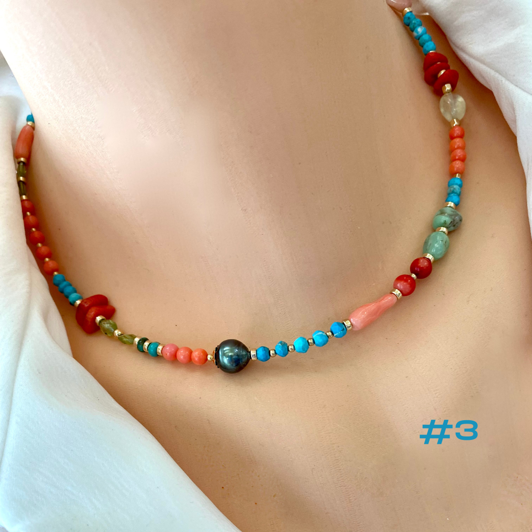 Turquoise, Chrysoprase, Pink Orange Red Coral and Tahitian Pearl Summer Necklace, Gold Filled, 15-16