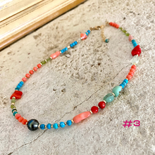 Lade das Bild in den Galerie-Viewer, Turquoise, Chrysoprase, Pink Orange Red Coral and Tahitian Pearl Summer Necklace, Gold Filled, 15-16&quot;in
