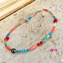 Load image into Gallery viewer, Turquoise, Chrysoprase, Pink Orange Red Coral and Tahitian Pearl Summer Necklace, Gold Filled, 15-16&quot;in
