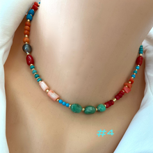 Lade das Bild in den Galerie-Viewer, Turquoise, Chrysoprase, Pink Orange Red Coral and Tahitian Pearl Summer Necklace, Gold Filled, 15-16&quot;in
