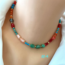 Load image into Gallery viewer, Turquoise, Chrysoprase, Pink Orange Red Coral and Tahitian Pearl Summer Necklace, Gold Filled, 15-16&quot;in
