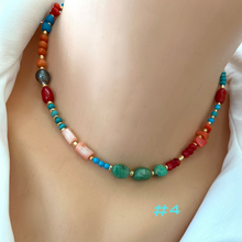 Charger l&#39;image dans la galerie, Turquoise, Chrysoprase, Pink Orange Red Coral and Tahitian Pearl Summer Necklace, Gold Filled, 15-16&quot;in
