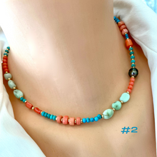 Load image into Gallery viewer, Turquoise, Chrysoprase, Pink Orange Red Coral and Tahitian Pearl Summer Necklace, Gold Filled, 15-16&quot;in
