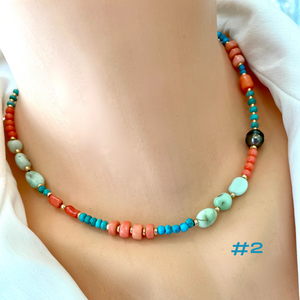 Turquoise, Chrysoprase, Pink Orange Red Coral and Tahitian Pearl Summer Necklace, Gold Filled, 15-16"in