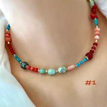 Lade das Bild in den Galerie-Viewer, Turquoise, Chrysoprase, Pink Orange Red Coral and Tahitian Pearl Summer Necklace, Gold Filled, 15-16&quot;in
