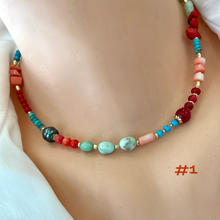 Load image into Gallery viewer, Turquoise, Chrysoprase, Pink Orange Red Coral and Tahitian Pearl Summer Necklace, Gold Filled, 15-16&quot;in
