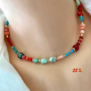 Turquoise, Chrysoprase, Pink Orange Red Coral and Tahitian Pearl Summer Necklace, Gold Filled, 15-16"in