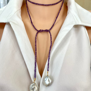 Single Strand of Amethyst & two Baroque Pearls Lariat Necklace, February Birthstone, 42.5"in