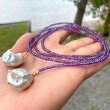 Cargar imagen en el visor de la galería, Single Strand of Amethyst &amp; two Baroque Pearls Lariat Necklace, February Birthstone, 42.5&quot;in
