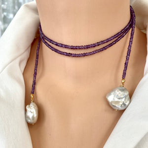 Single Strand of Amethyst & two Baroque Pearls Lariat Necklace, February Birthstone, 42.5"in