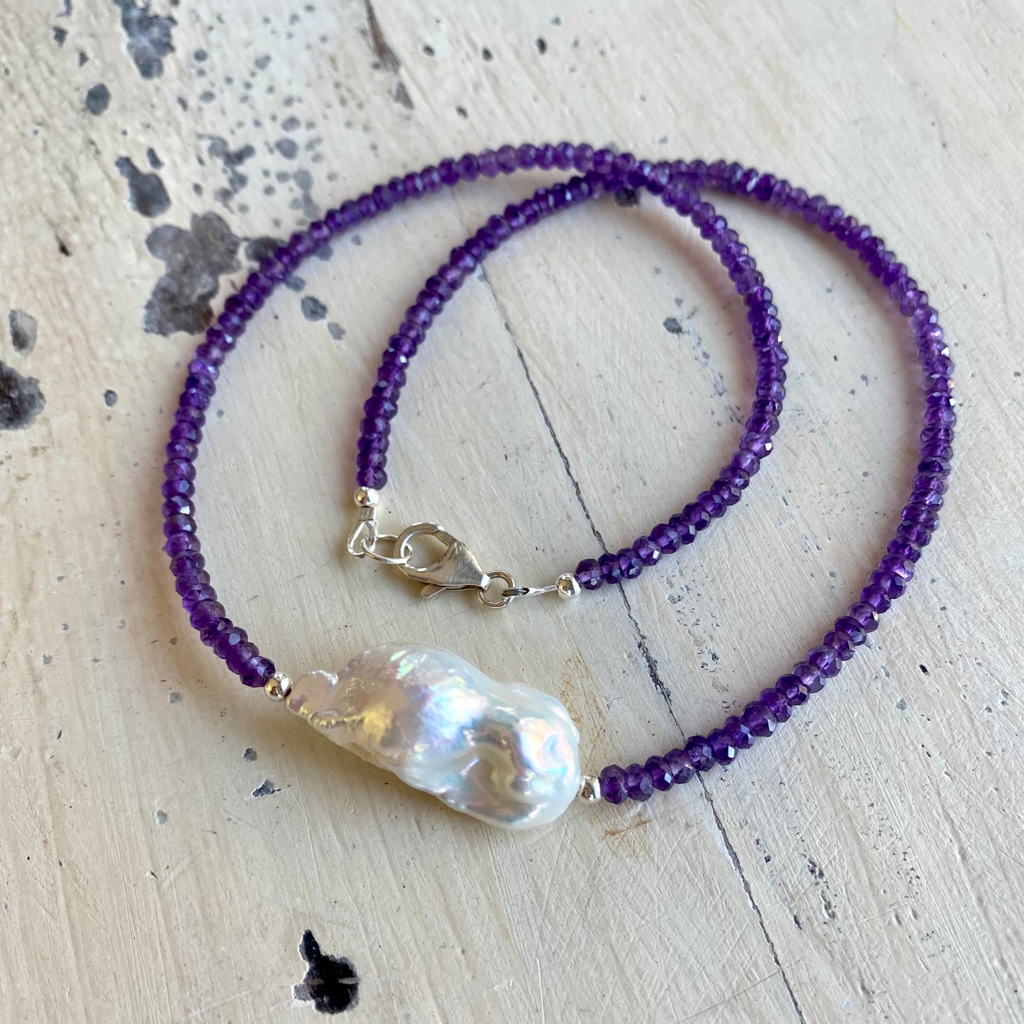 Amethyst baroque pearl necklace with sterling silver clasp and oversized freshwater pearl