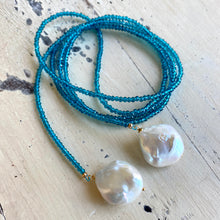 Load image into Gallery viewer, London Blue Quartz &amp; two Large Baroque Pearls Lariat Necklace, 43&quot;in

