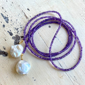 Single Strand of Amethyst & two Baroque Pearls Lariat Necklace, February Birthstone, 42.5"in