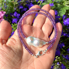 Lade das Bild in den Galerie-Viewer, Stunning Purple Necklace featuring faceted Amethyst beads and a Large White Baroque Pearl centerpiece. A thoughtful February Birthstone Personalized Gift For Her. Crafted with Sterling Silver, the necklace measures 17 inches in length

