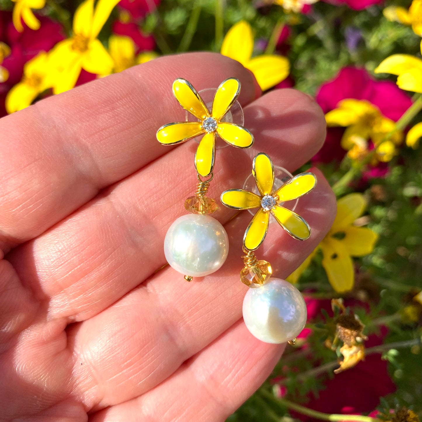 Edison pearl citrine earrings with bright yellow enamel flowers and natural pearl texture