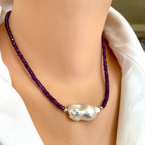 Amethyst & Large Baroque Pearl Necklace, February Birthstone, Sterling Silver, 17"in