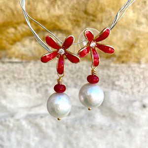 Edison white pearl and red coral drop earrings featuring red enamel and gold-plated flower studs. These elegant dangle earrings make a beautiful bridesmaid gift or a special present for her.