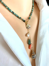Cargar imagen en el visor de la galería, Mini African Turquoise Necklace with Gold Filled Starfish and Shell Pendant, Summer Necklace
