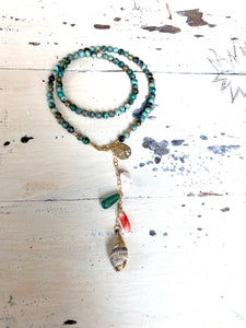 Mini African Turquoise Necklace with Gold Filled Starfish and Shell Pendant, Summer Necklace