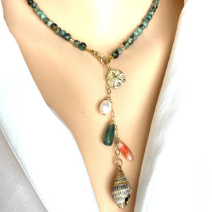 Mini African Turquoise Necklace with Gold Filled Starfish and Shell Pendant, Summer Necklace