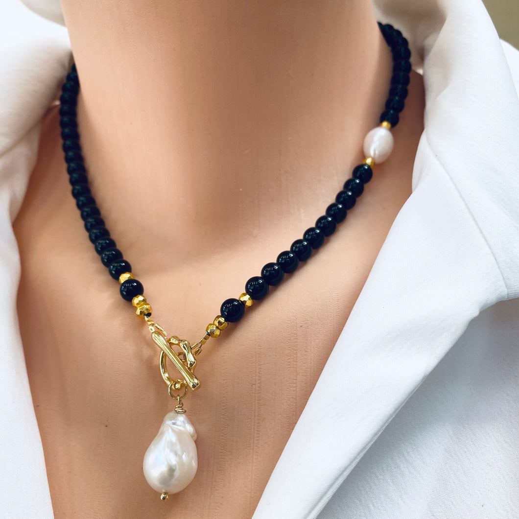Black Onyx, Gold Pyrite & Genuine Baroque Pearl Necklace, 18