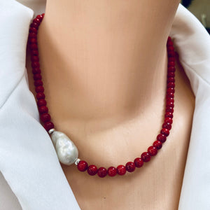 Red Coral Short Necklace with Natural Baroque Pearl and Sterling Silver Details, 18"inches