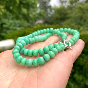 Green Chalcedony Hand Knotted & Graduated Candy Necklace, Sterling Silver Marine Closure, 18"in