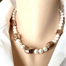 Load image into Gallery viewer, White Pearl Necklace and Vermeil Rose Gold Plated Silver Details, 17&quot;in
