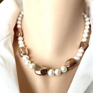 White Pearl Necklace and Vermeil Rose Gold Plated Silver Details, 17"in
