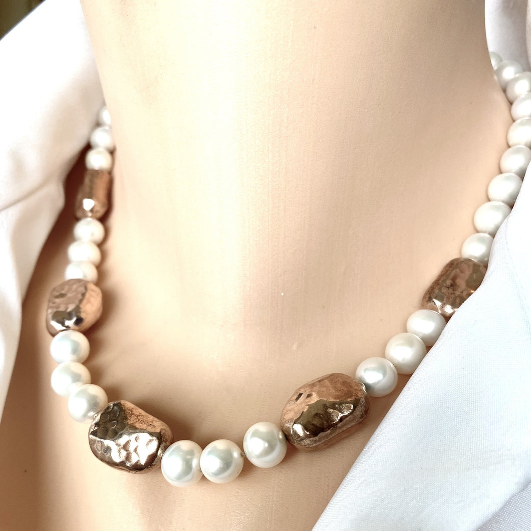 White Pearl Necklace and Vermeil Rose Gold Plated Silver Details, 17