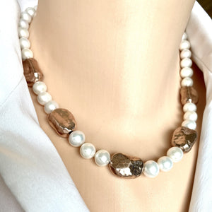 White Pearl Necklace and Vermeil Rose Gold Plated Silver Details, 17"in