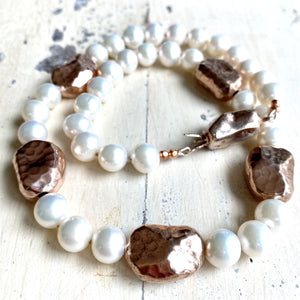 White Pearl Necklace and Vermeil Rose Gold Plated Silver Details, 17"in