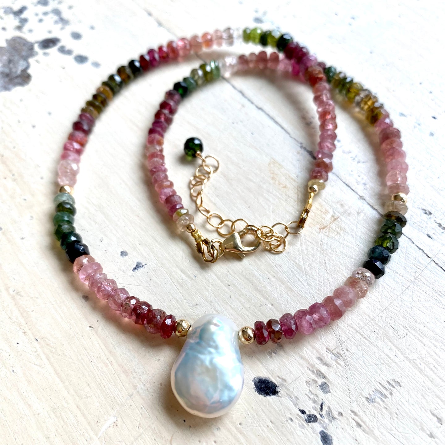 Tourmaline Collar Necklace w Freshwater Pearl, Gold Filled Details, 13